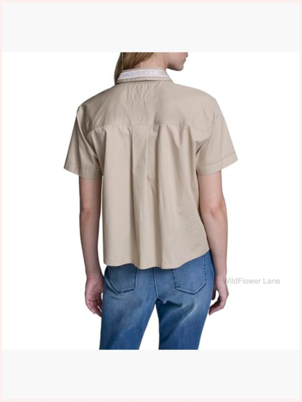 Short Sleeve Gold Bead Collar Button Down Cropped Blouse - Picture 3 of 6